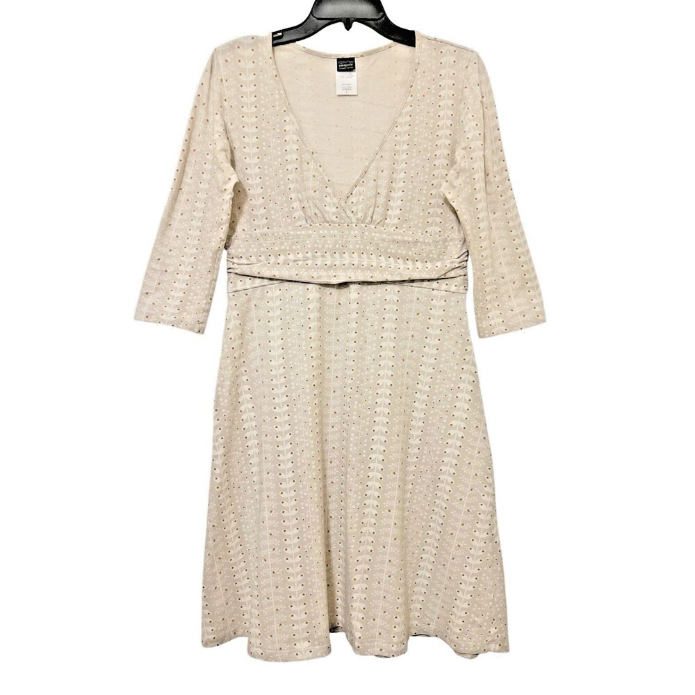 PATAGONIA Oyster Beige Floral Margot Dress 3/4 Sleeve V-Neck Organic Cotton Sz L